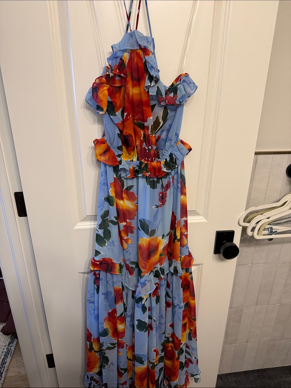 Misa Los Angeles Sky Blue Floral Ruffle Maxi Dress